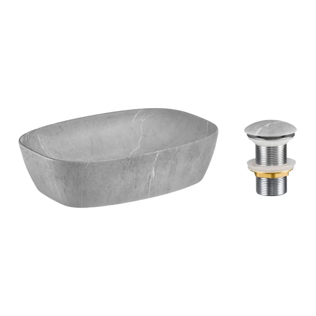 Lavabo da appoggio rettangolare 50,5x38,5 cm effetto pietra grigia con piletta click clack