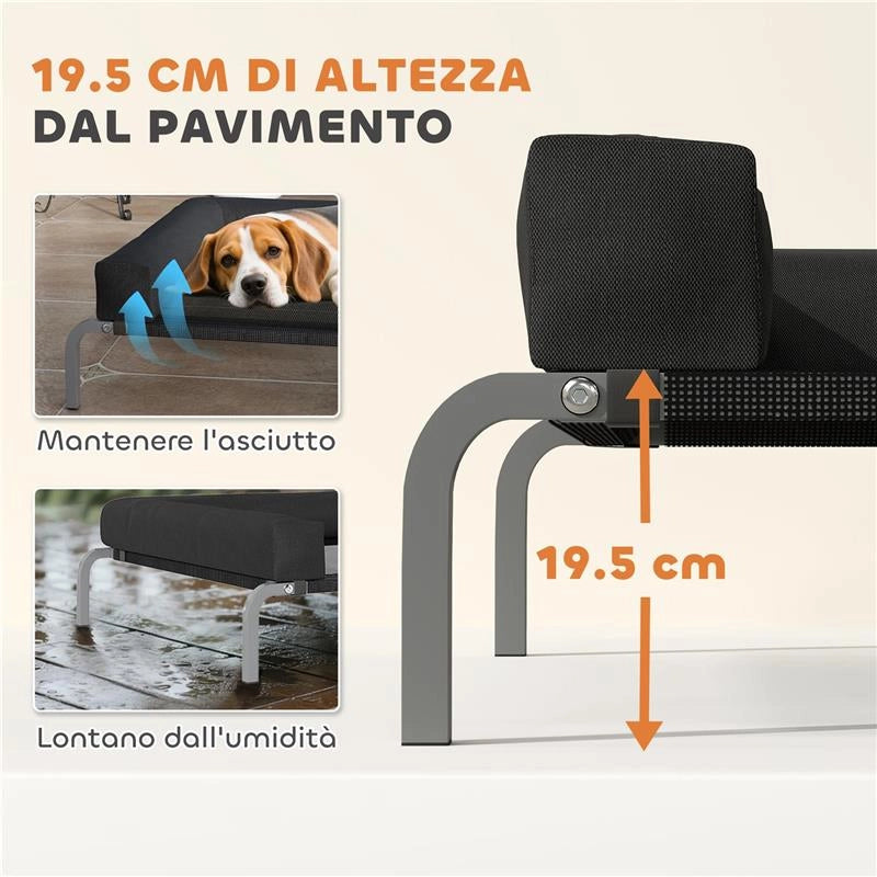 LETTINO PER CANI RIALZATO DI 19.5 CM CON CUSCINO A U, IN POLIESTERE E ACCIAIO, 110X75X30 CM, NERO E ARGENTO