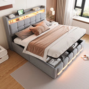 Letto Imbottito Contenitore Matrimoniale con LED e USB ¨C MINIMAL ¨C Tessuto Grigio Chiaro 160x200