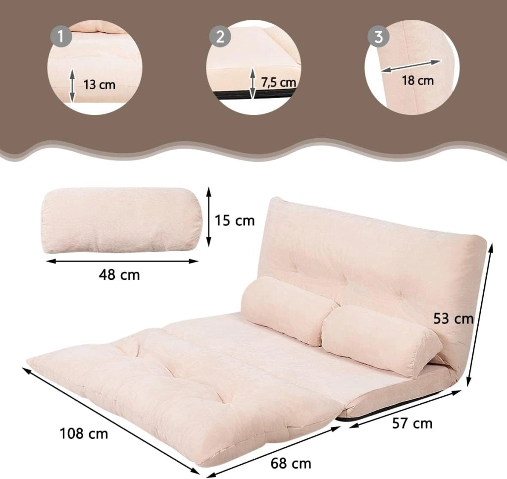 Divano da Terra, Divano Letto Multifunzionale Regolabile in 6 Posizioni con 2 Cuscini, con Fodera in Camoscio per Camera da Letto Salone Balcone (Beige)