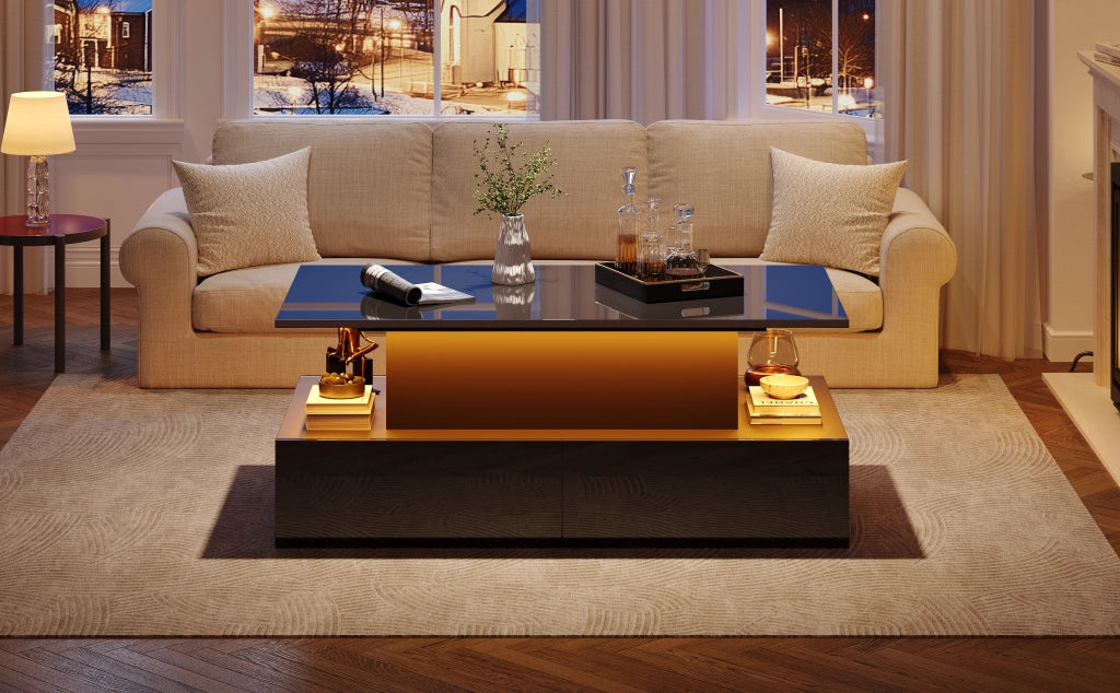TAVOLO Basso LED 90x55x41 cm Nero lucido con 4 cassetti