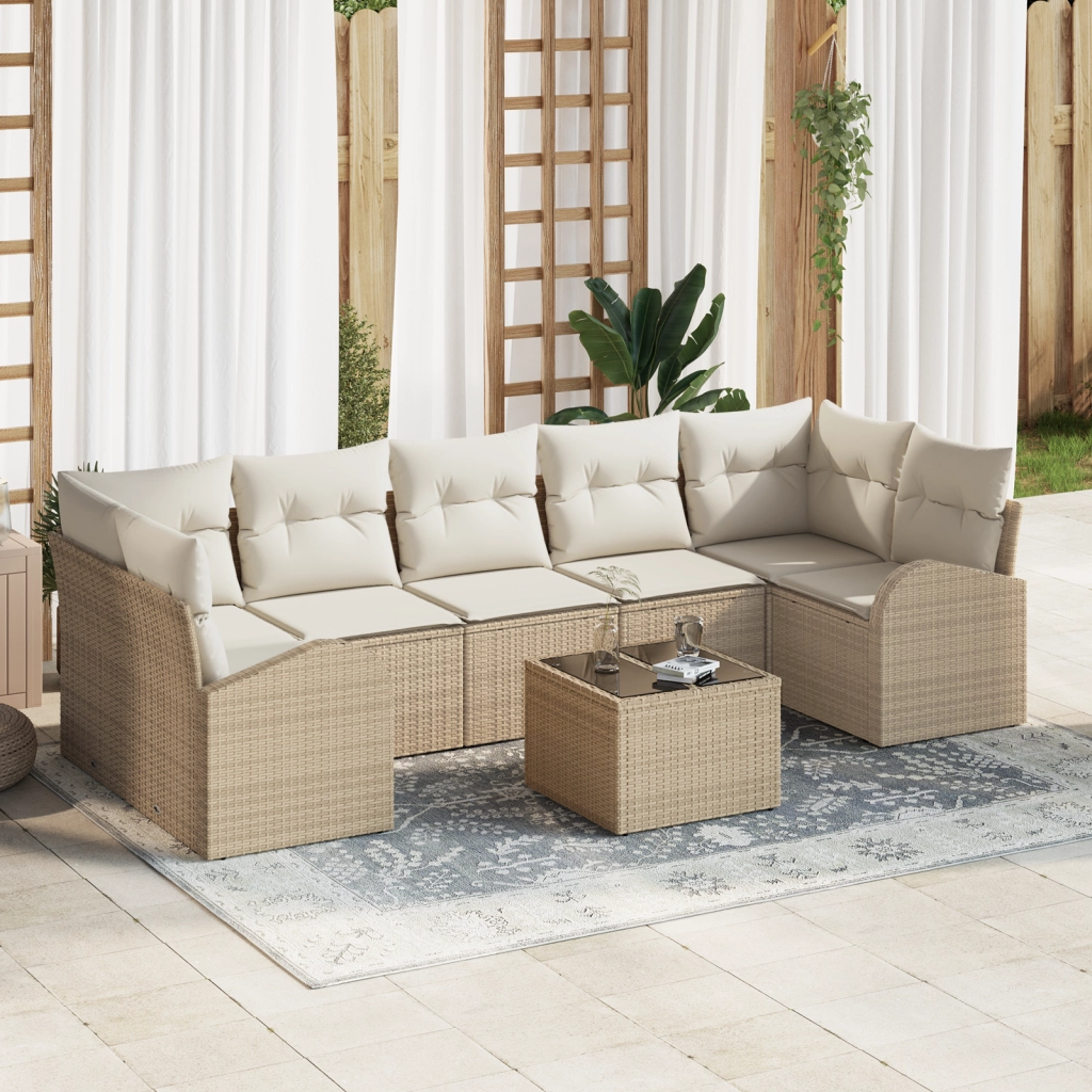 Set di divani da giardino a 8 pezzi con cuscini beige in polyrattan