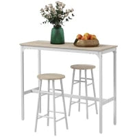 Set da Bar con Tavolo Alto e 2 Sgabelli, Struttura in Acciaio, Piano Effetto Legno Naturale, 2 Persone, Bianco