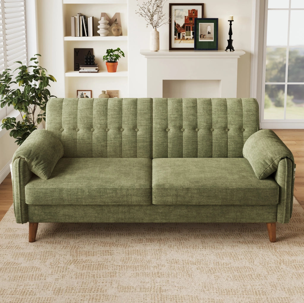 Divano 2 posti in chenille verde 161;5x79x83;5 cm con tasche laterali e cuscini removibili