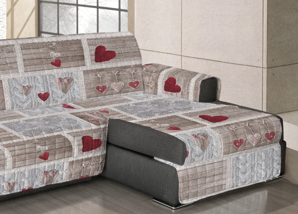 Copridivano Trapuntato Per Divani Con Penisola Disegno Shabby Love - 190-195 cm - Rosso