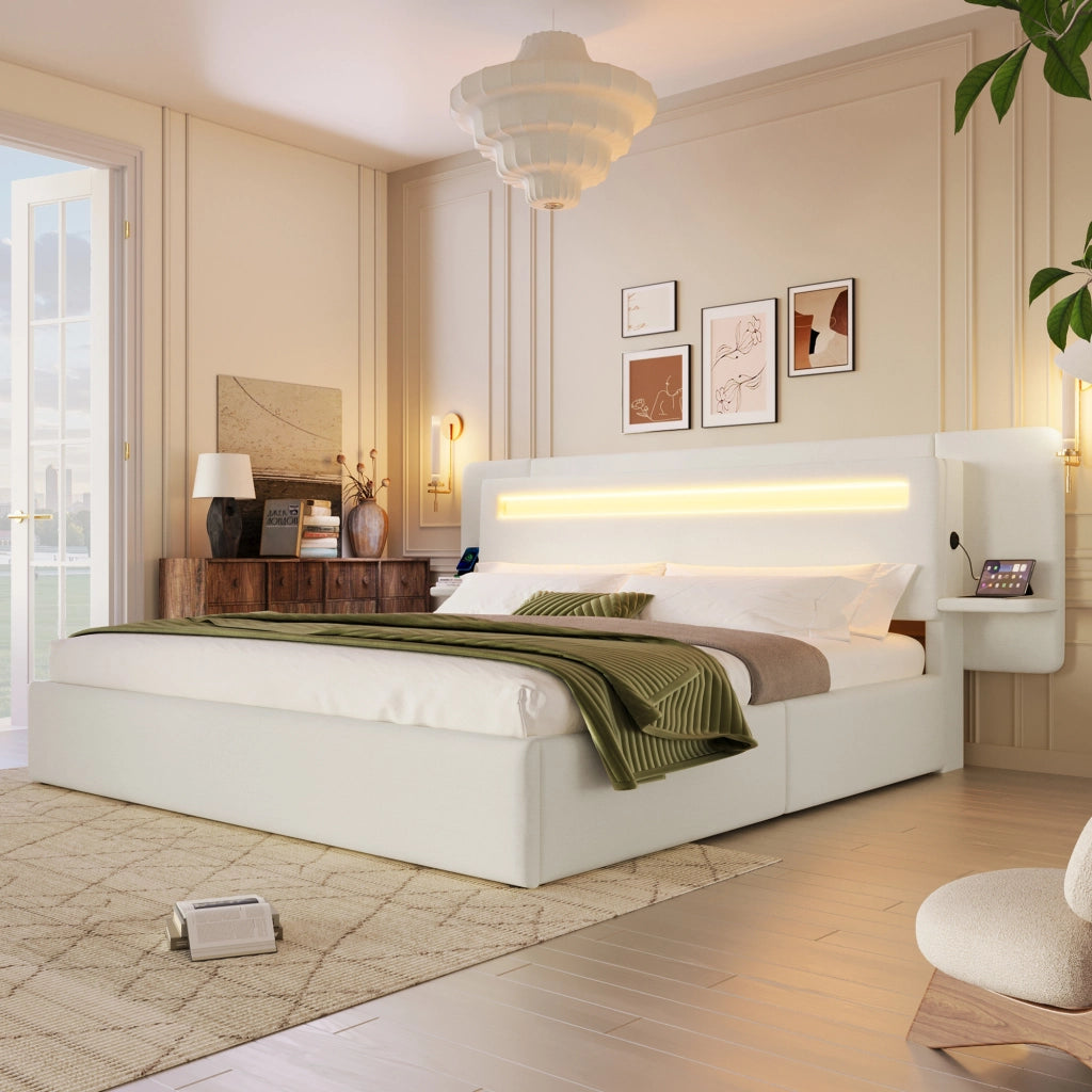Letto imbottito 180x200 cm in lino beige con contenitore; LED multicolore e presa USB