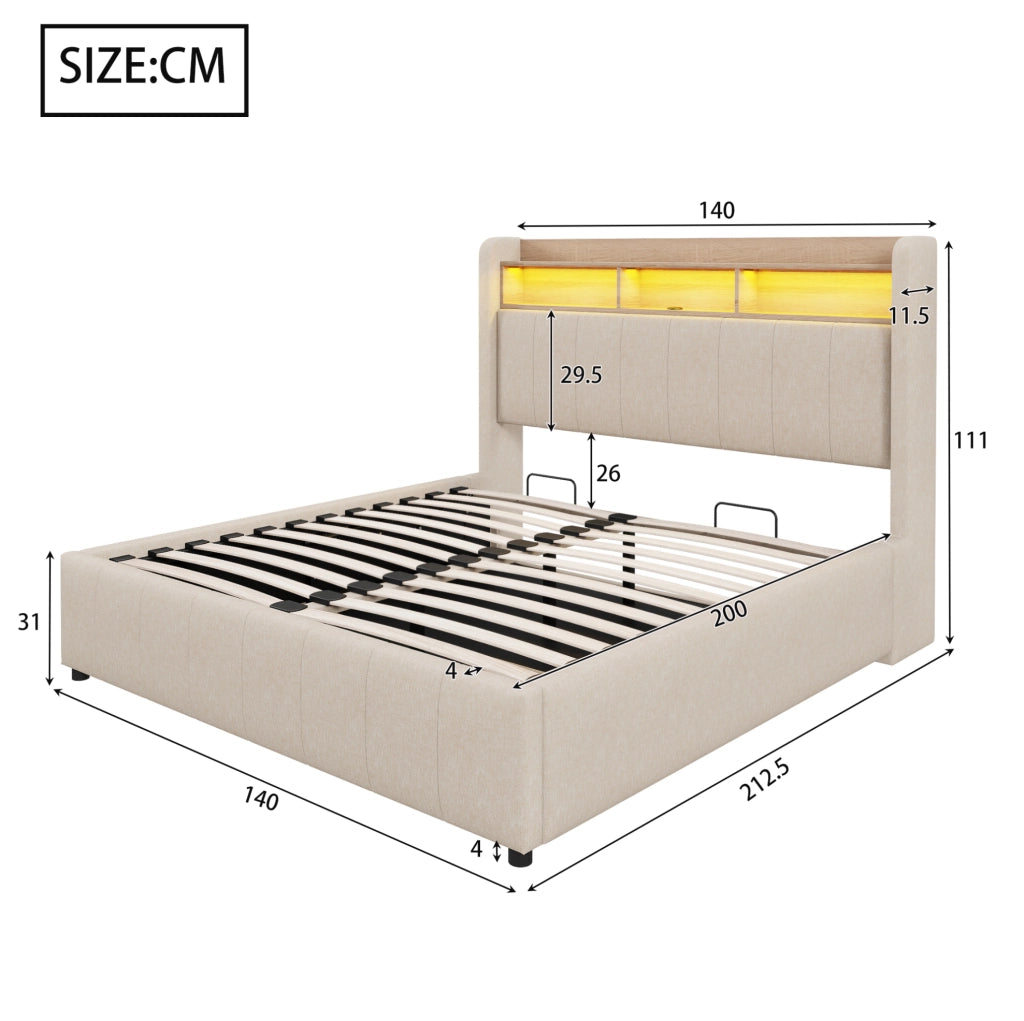 Letto imbottito 140x200 cm; LED e contenitore; lino beige