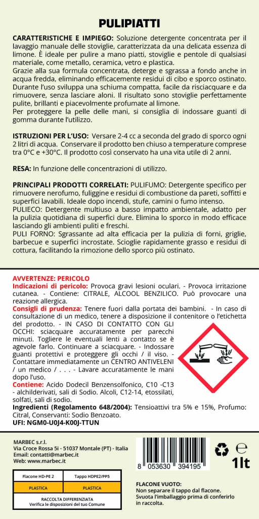 Detergente Piatti Concentrato, Sgrassa a Freddo, Risciacquo Rapido, Profumo Limone Marbec PULIPIATTI - 1LTx6Pz