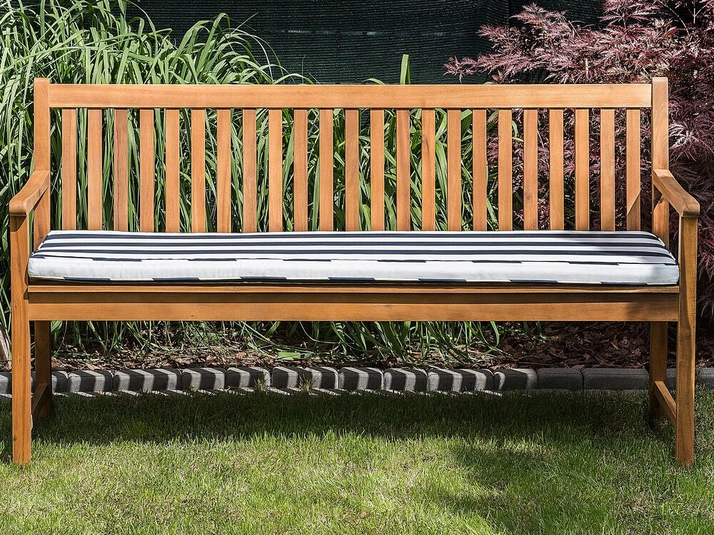 Panca da giardino leggera in legno di acacia 160 cm blu cuscino da seduta imbottitura a doghe design patio esterno stile rustico