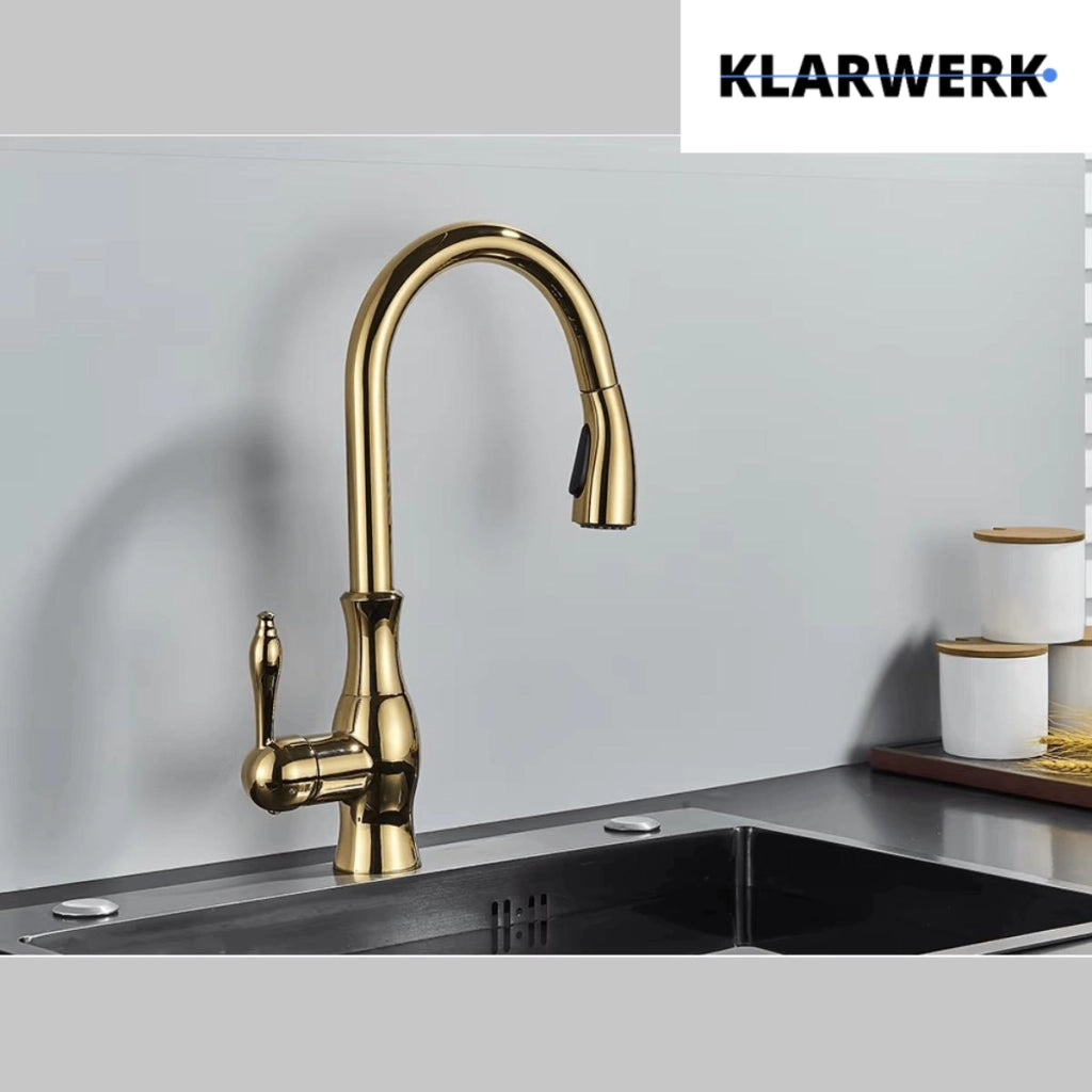 NAVIS | Elegante rubinetto cucina estraibile in acciaio inox dorato, arco alto, miscelatore di lusso, alta pressione, 360°, 2 attacchi