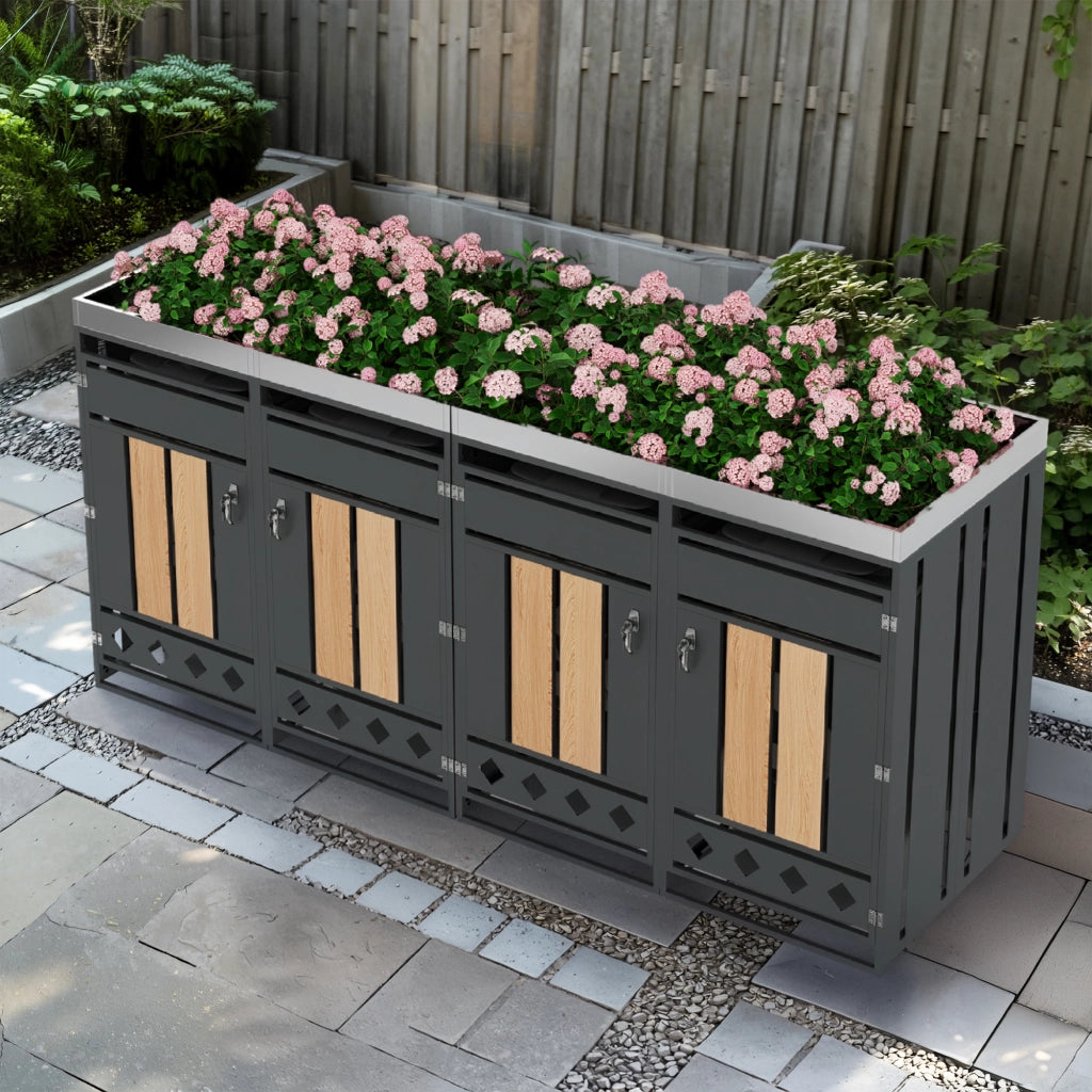 Copribidoni con Fioriera Integrata e 4 Scomparti con Serratura in Acciaio Grigio con Effetto Legno
