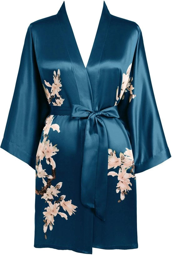 Kamis da donna con stampo floreale, giacca da bagno estiva, kimono, giacca da camera corta, pigiama leggero, abito da spiaggia in seta per donna (verde scuro)