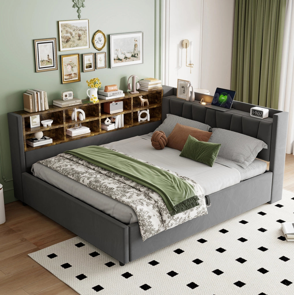 Divano letto imbottito 140x200 cm in velluto grigio con stoccaggio idraulico; USB e Type-C