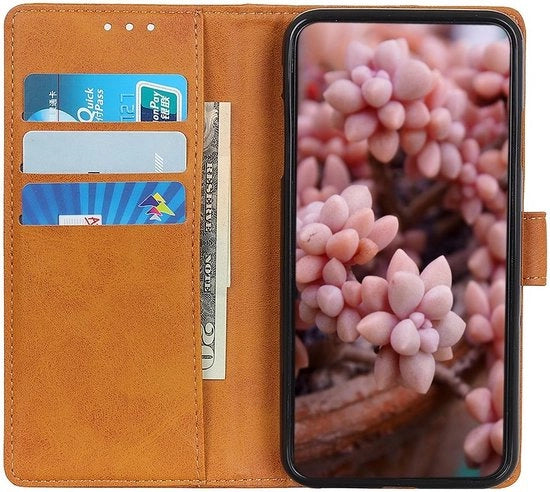 Copriporta per Motorola Moto G200 5G in pelle naturale marrone con tasca per portafoglio e custodia per libro