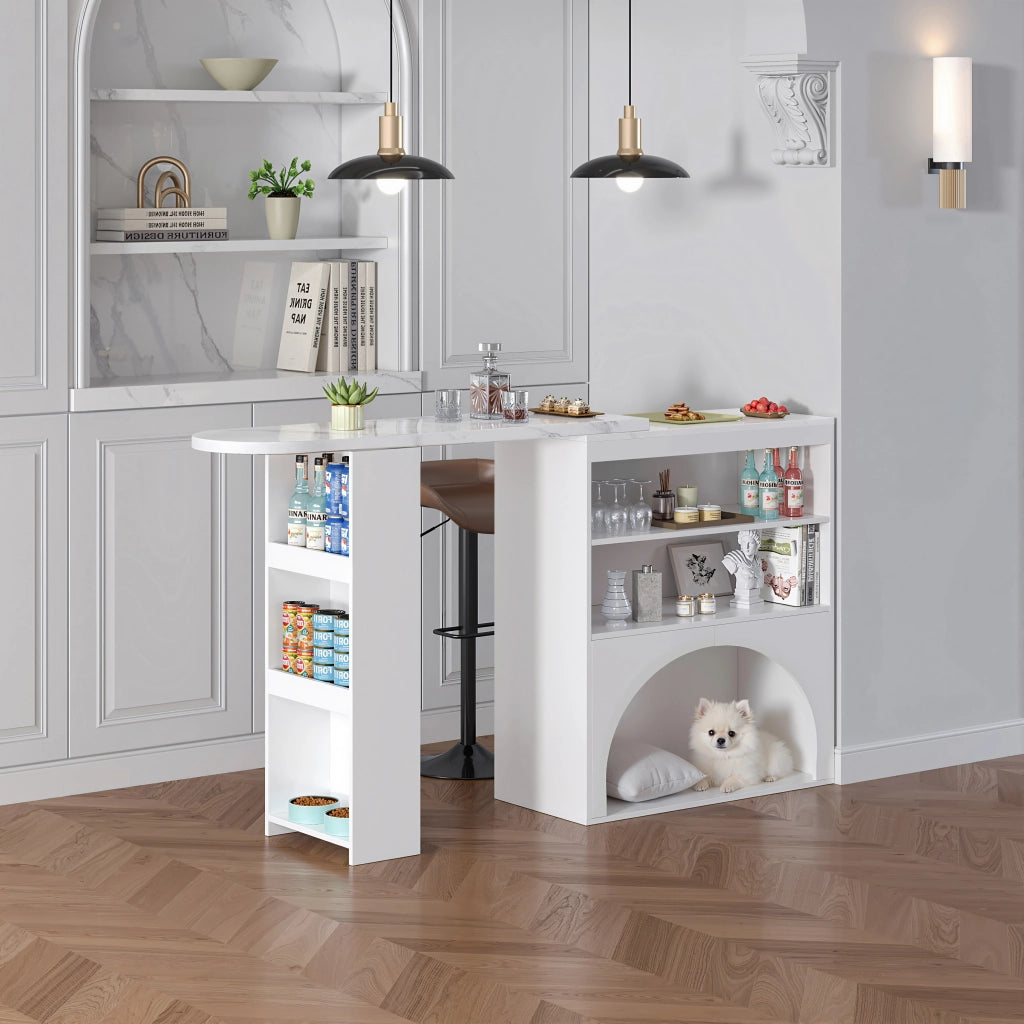 Tavolo allungabile per 2-4 persone con 2 vani aperti e spazio per animali design moderno effetto marmo in MDF bianco