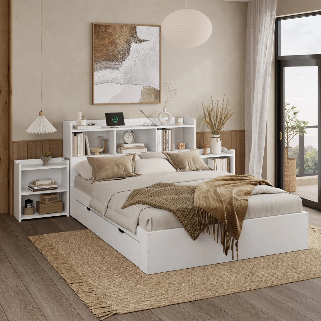 Letto Matrimoniale in Legno con Testiera, Cassetti e Comodini ¨C MINIMAL ¨C Bianco 140x200