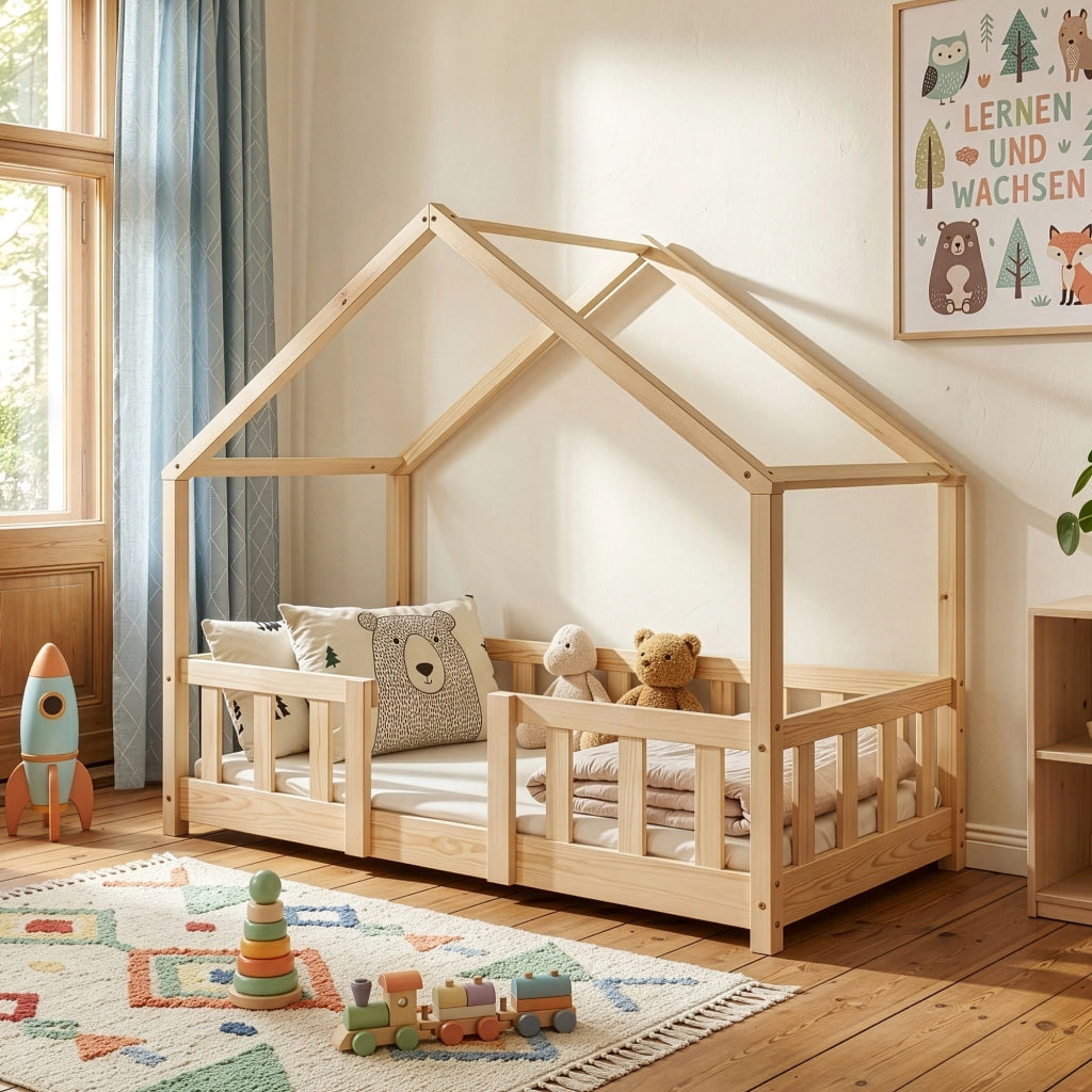 Letto per Cameretta Treviolo a Forma di Casetta in Stile Montessori 70x140 cm Naturale [en.casa]