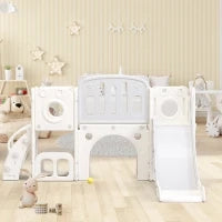 Scivolo Multifunzione 6-in-1 per Bambini con Rampa, Doppia Piattaforma, Armadietti, Canestro e Scala, in Polietilene ad Alta Densità, 174x150x95 cm - Scivolo da Giardino per Bambini, Grigio+Bianco