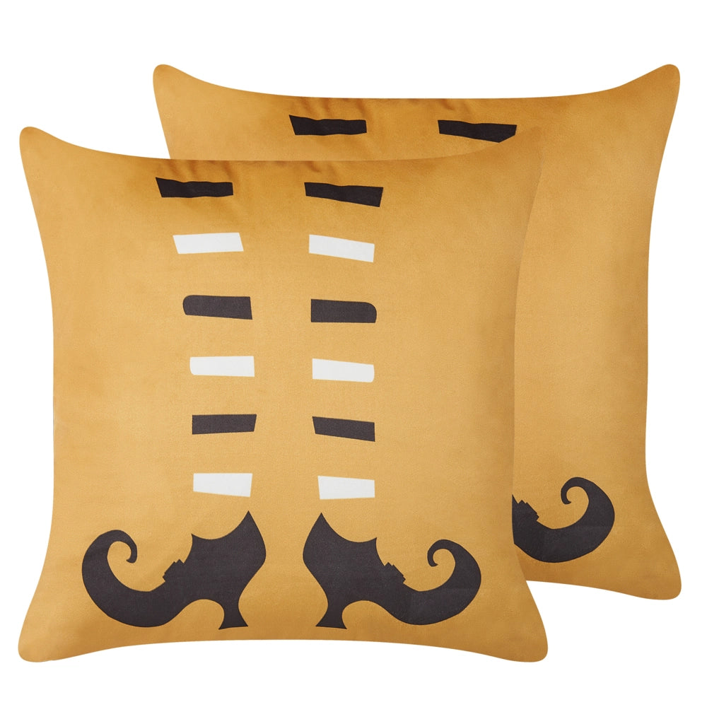 Set di 2 cuscini decorativi in velluto arancione con scarpe da strega modello 45 x 45 cm quadrati moderni accessori per la decorazione autunnale di Halloween