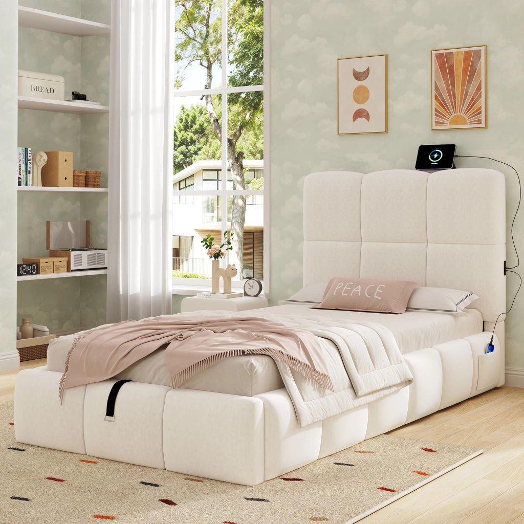 Letto Singolo 90 x 200 cm con Contenitore; USB e Type-C; in Velluto Beige