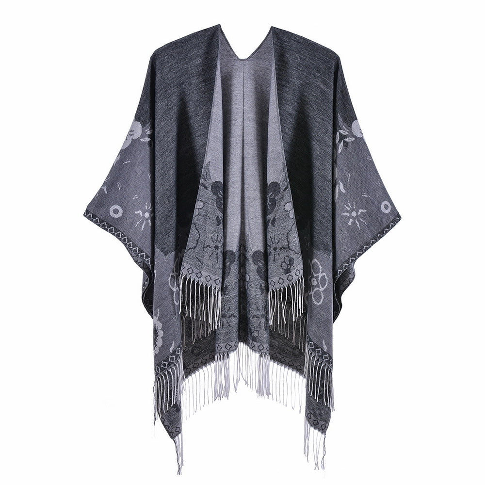 Sciarpa di nuovo stile con nappe e fiorellini, alla moda, oversize, calda e con spacco.