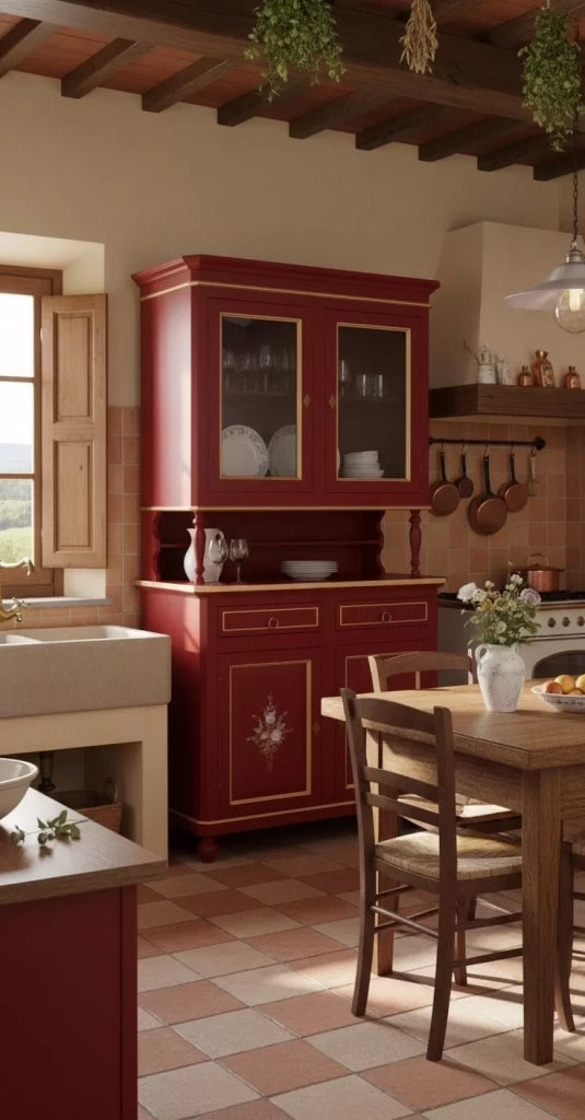 Cristalliera 2 porte shabby legno rosso decorata filo oro 104x43x208 - Mobili 2G