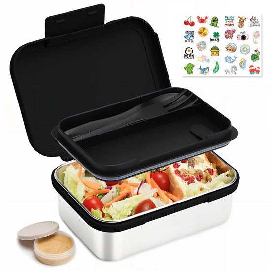 Lunchbox RVS 1000ML per Bambini, Bento Box per Adulti, Bento Box per Ragazze, Scatola per Spuntini per Bambini per Scatola per Colazione per Asilo Nido, Nero