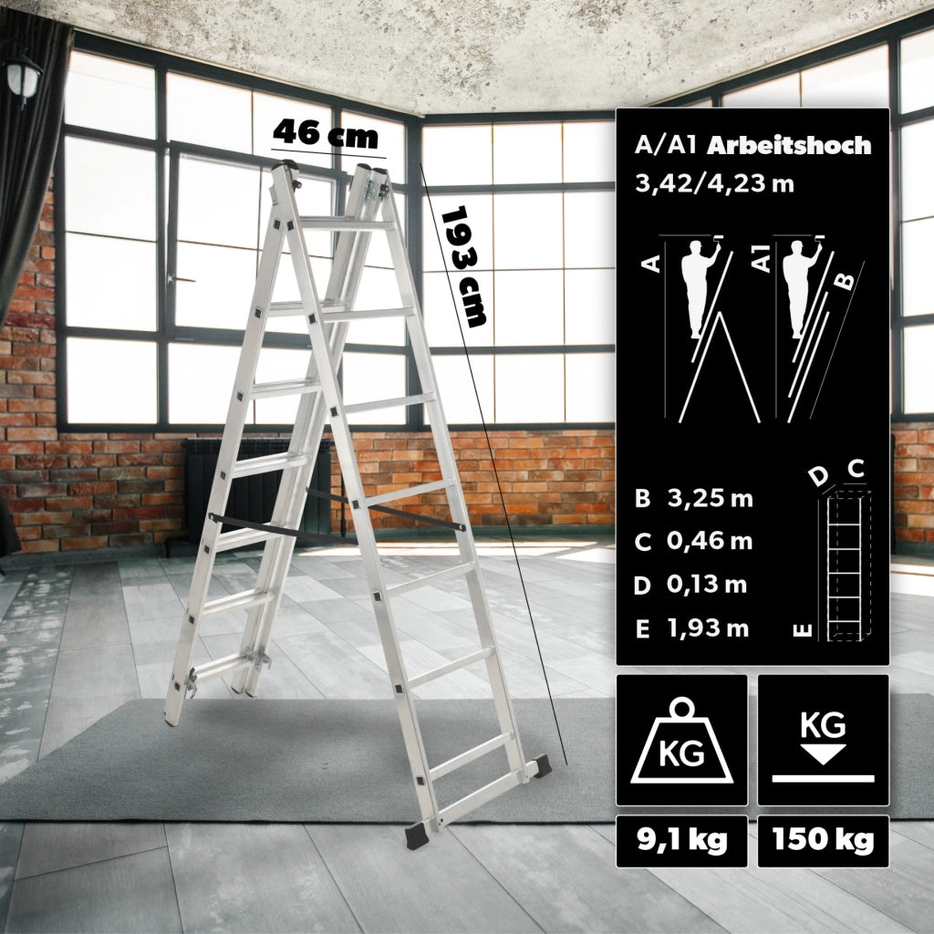 Scala universale in alluminio KADAX 3x7 pieghevole a doppia faccia, robusta + gancio