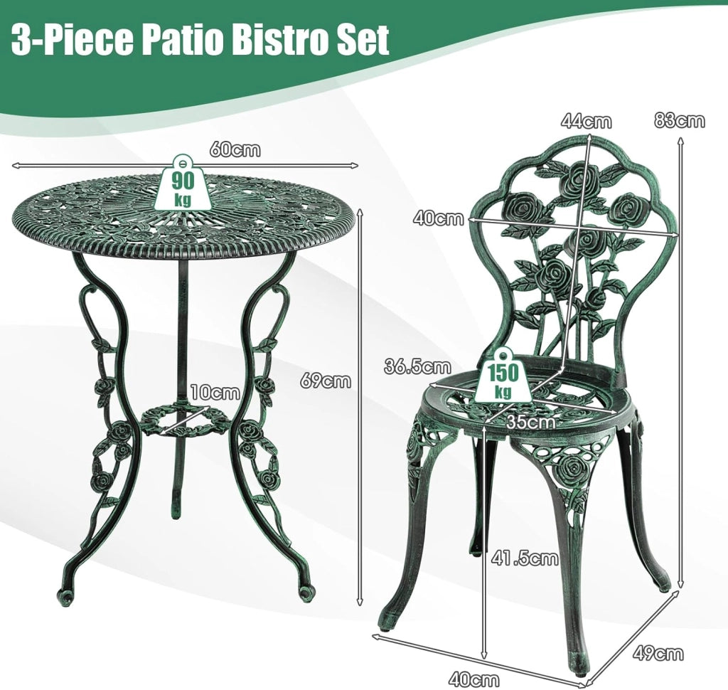 Set Tavolo da Bistrot in Fusione di Alluminio Set da 3 Pezzi Tavolino con 2 Sedie per Giardino Balcone Bordo Piscina, Colore Verde Bronzo/Bianco (Verde Bronzo)