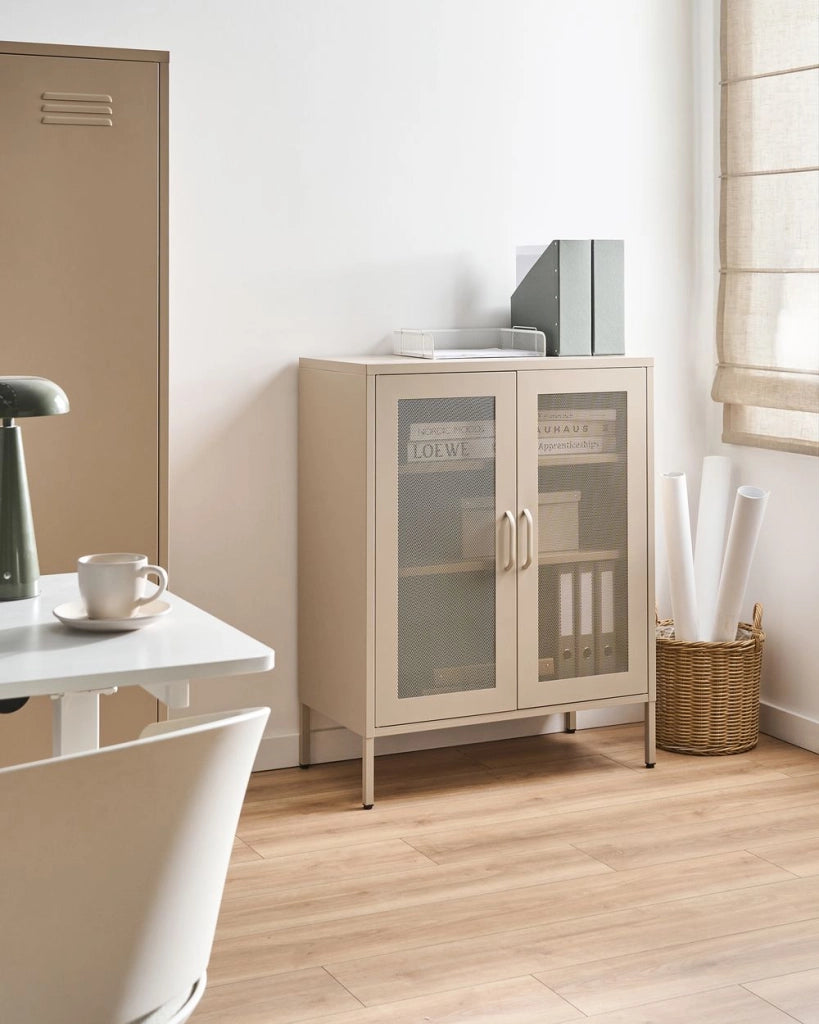 Credenza da ufficio in acciaio in stile industriale moderno 2 ante e 3 ripiani beige chiaro moderno contemporaneo ufficio