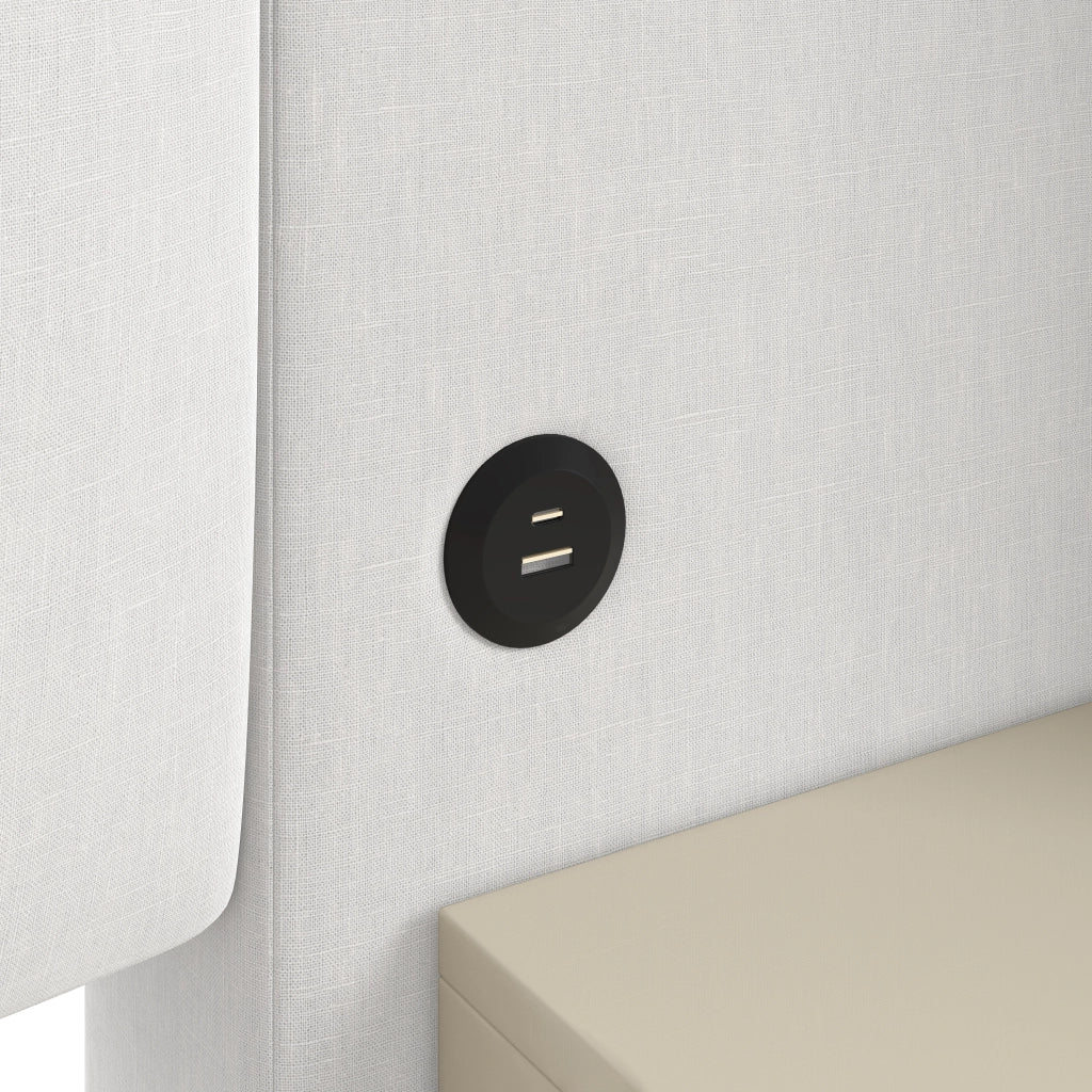 Letto matrimoniale imbottito 140 × 200 cm con contenitore idraulico e comodini LED a 7 colori in lino beige