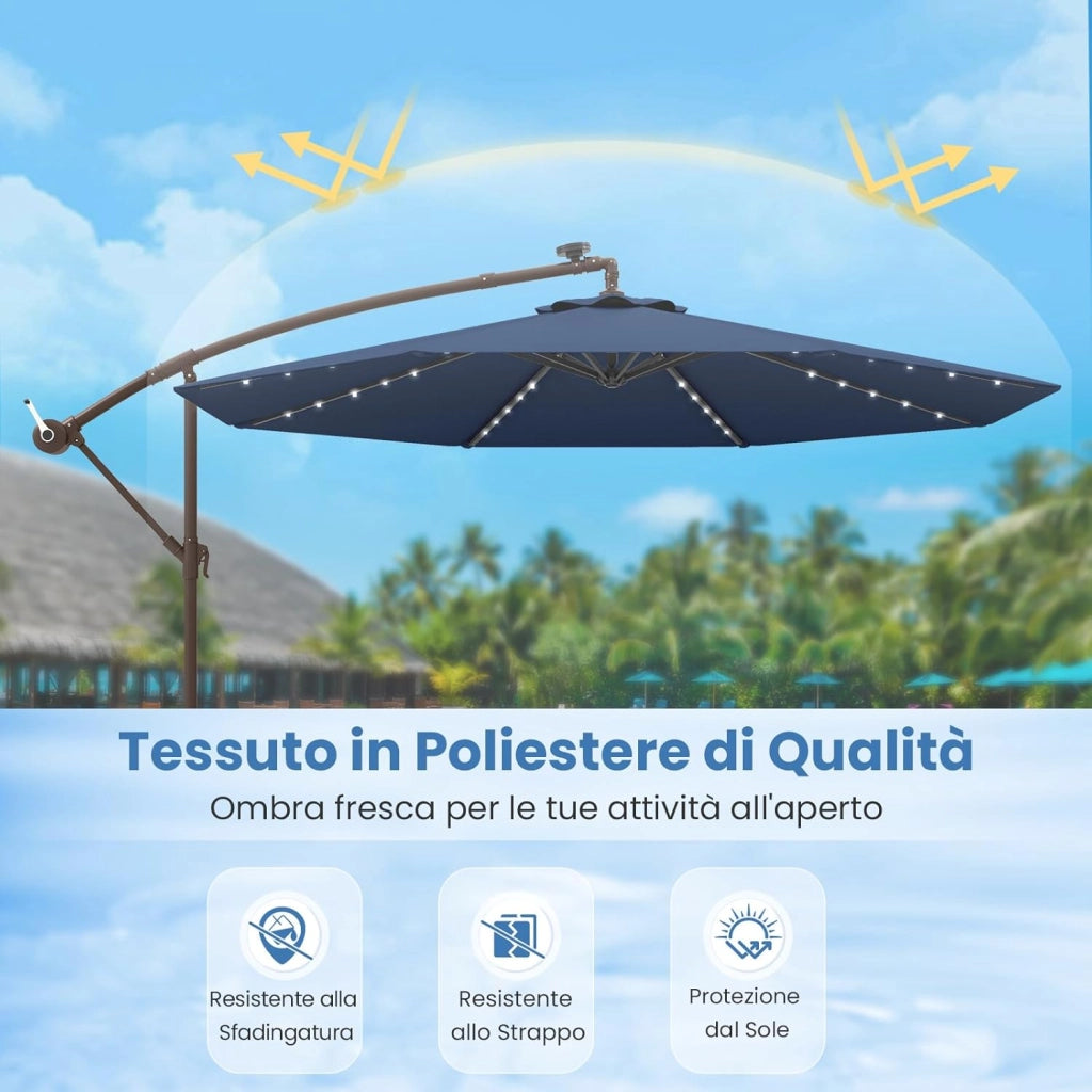 Ombrellone da Giardino con 40 Luci a LED, con Sacco di Sabbia, Ombrellone da Esterno 300 cm con Altezza Regolabile, Ombrellone per Giardino Piscina Patio, 300 x 300 x 250 cm (Blu)