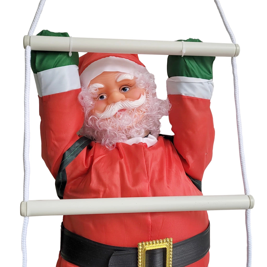 Babbo Natale Rampicante su Scala di Corda - Altezza totale 85 cm - Decorazione Natalizia da Appendere per Uso Esterno/Interno