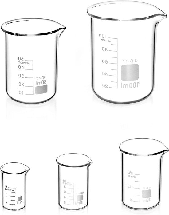 Set di Calibri in Vetro per Laboratorio - 5pz - 5ml 10ml 25ml 50ml 100ml