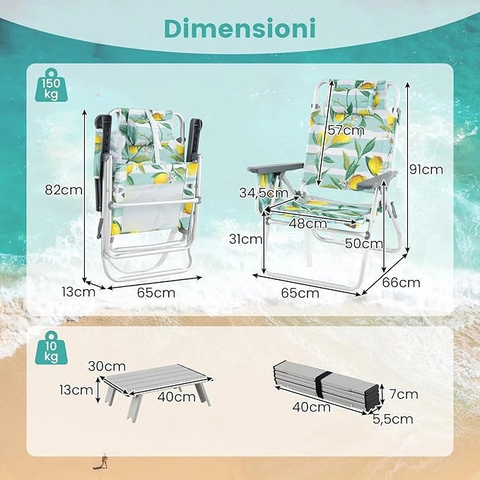 Set di Sedie e Tavolino da Giardino, Tavolo Laterale e Sedie Pieghevole con Schienale Regolabile a 5 Angolazioni, Struttura in Alluminio e Portabicchieri,Set di Mobili per Picnic (Verde)
