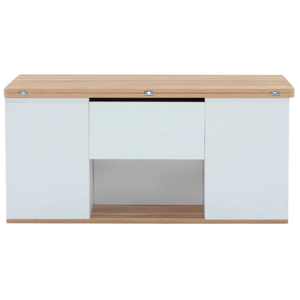 Tavolino da caffè elevabile 100 cm bianco e legno con 2 cassetti