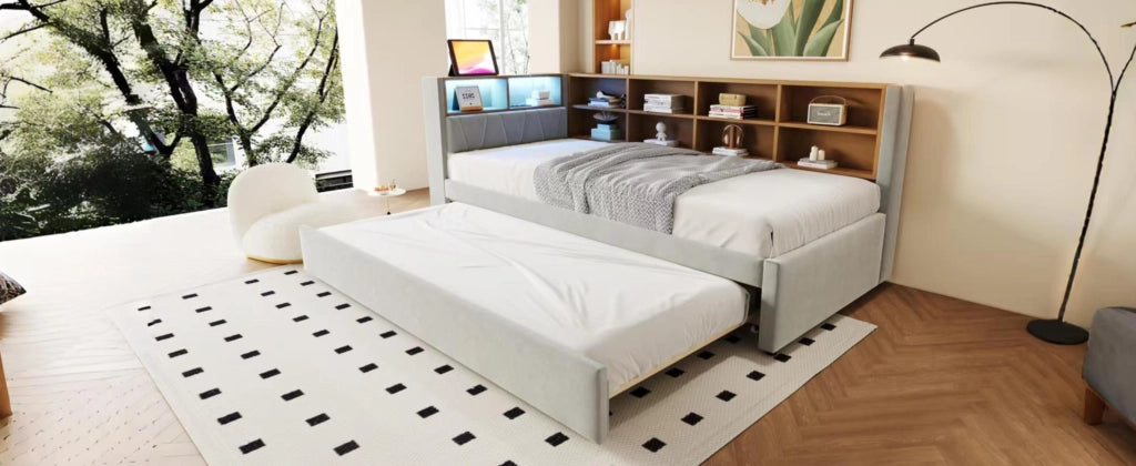DESMIU Divano letto 90 × 200 cm 2 posti con LED, porte USB, Type-C e presa, senza materasso, grigio chiaro