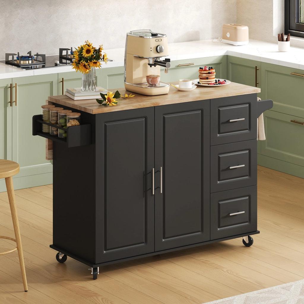 Isola da cucina mobile pieghevole con piano in effetto rovere, 3 cassetti, armadio a 2 ante e porta asciugamani, nero