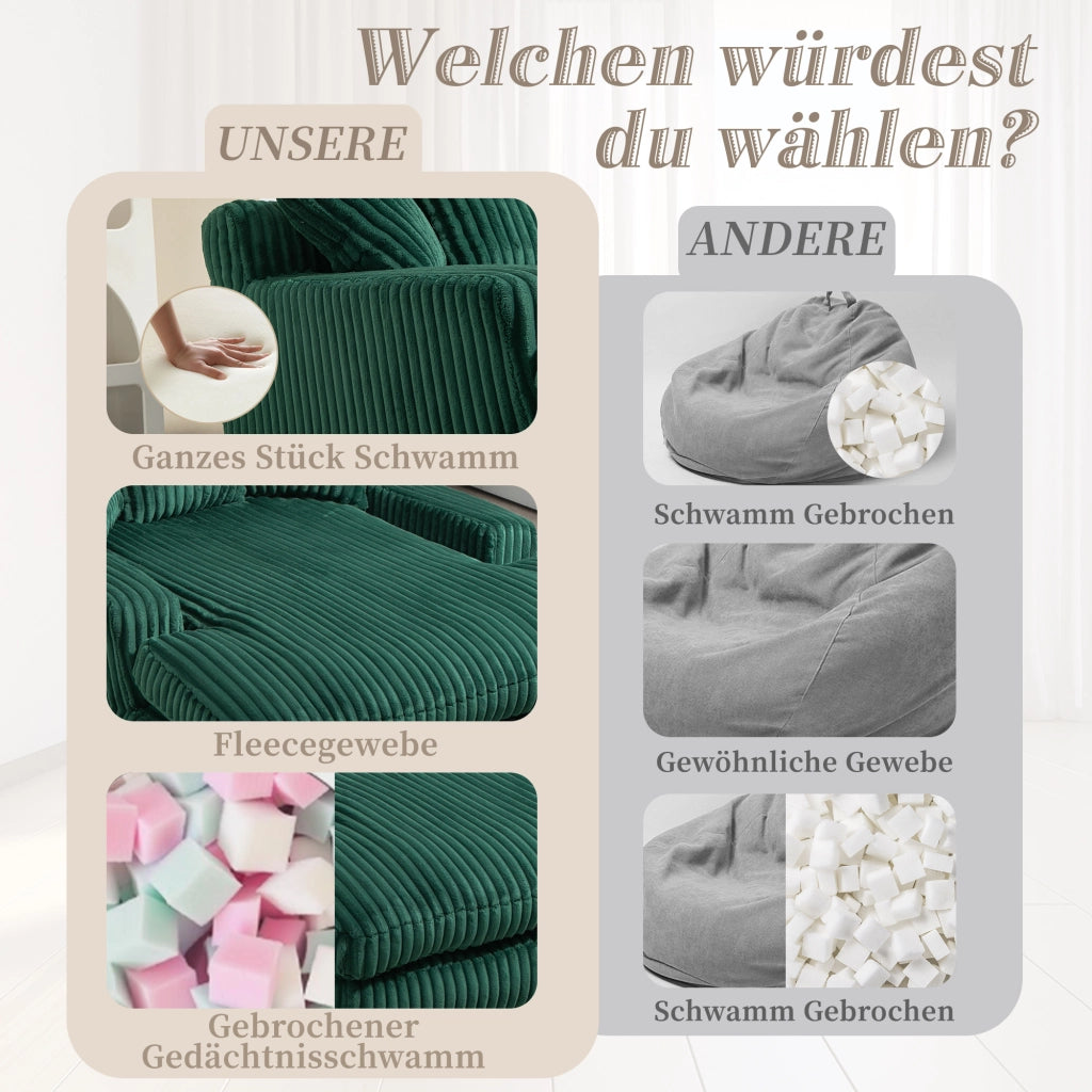 Chaise Longue Poltrona da Pavimento con Design Ergonomico e 3 Cuscini, in Velluto a Coste Smeraldo 125 × 155 × 63 cm