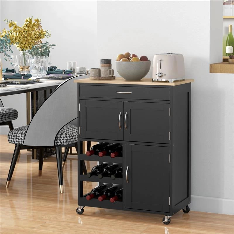 CARRELLO DA CUCINA IN LEGNO CON PORTABOTTIGLIE 3 ANTE E CASSETTO 67X37X87 CM NERO E ROVERE