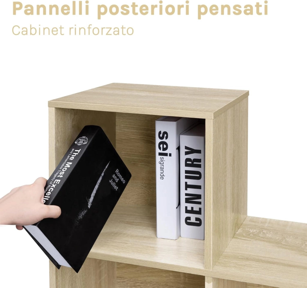 Scaffale per Libri, Scaffale per Scale Con 10 Cubi, Libreria in Legno Ingegnerizzato Rovere Chiaro, per Camera da Letto, Soggiorno, Studio, Ufficio, 120x30x120cm, SK062hei