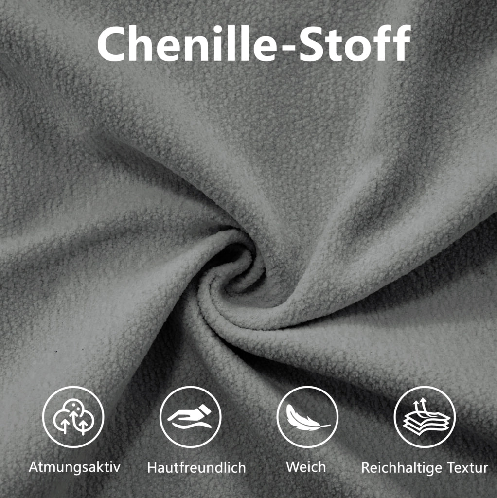 Divano modulare in chenille grigio con seduta profonda e braccioli imbottiti arrotondati