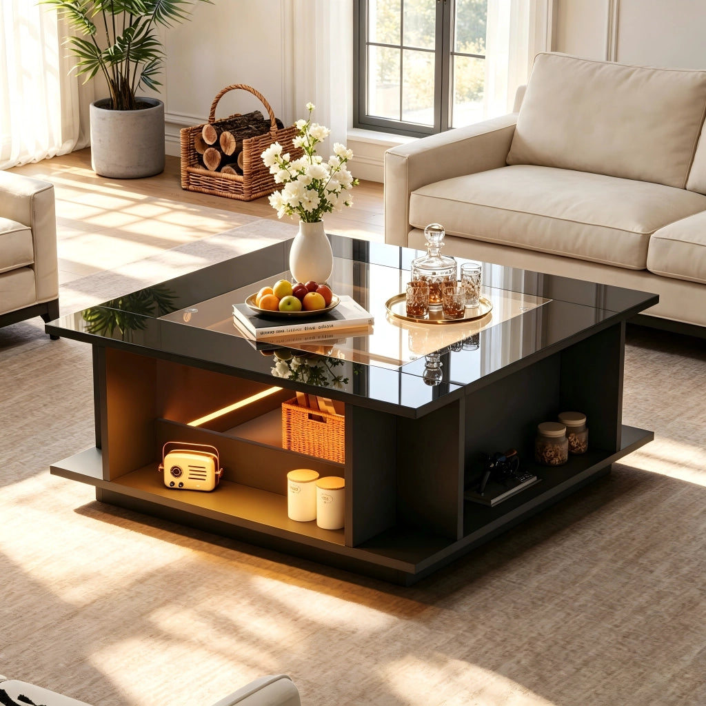 Tavolino da salotto quadrato 70x70x30 cm con piano in vetro, finitura lucida nera, LED e vano contenitore