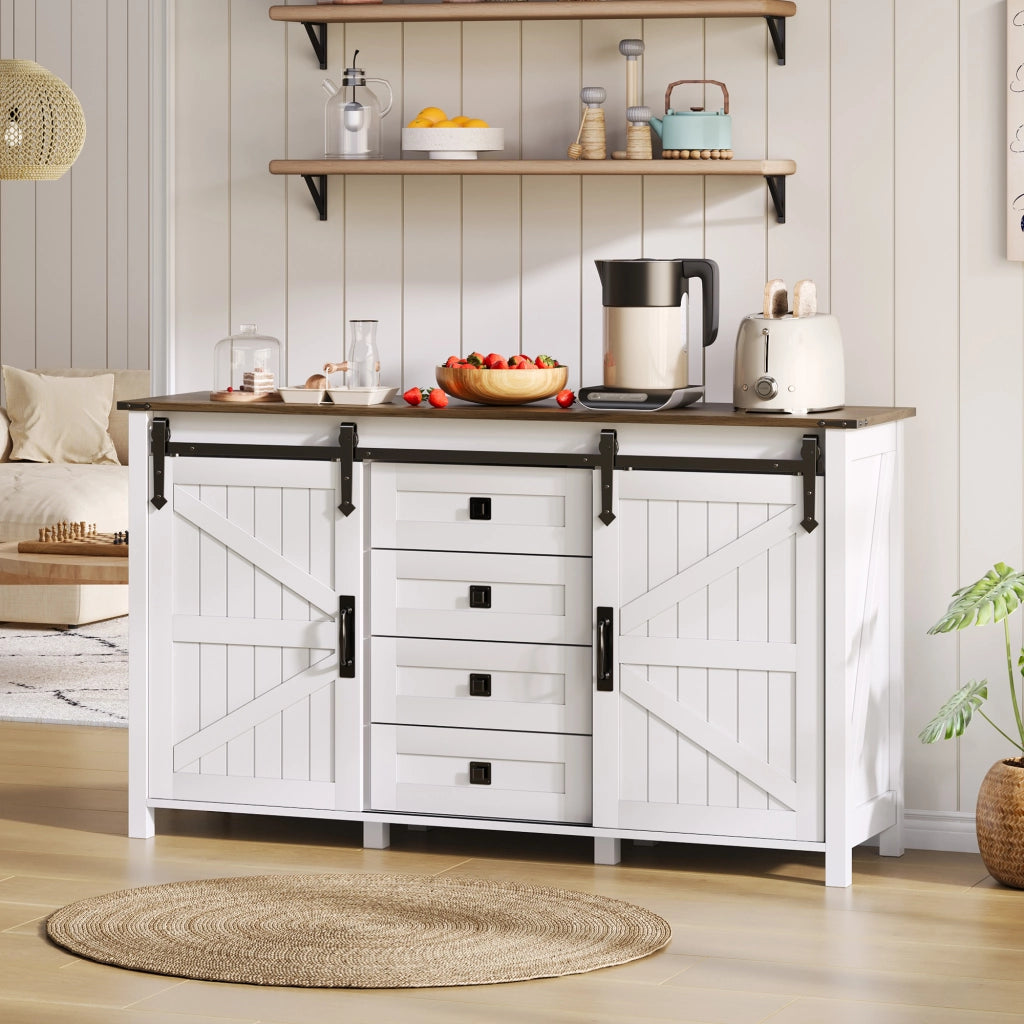 Credenza sideboard con 2 ante scorrevoli e 4 cassetti, 137 cm, bianco, in MDF