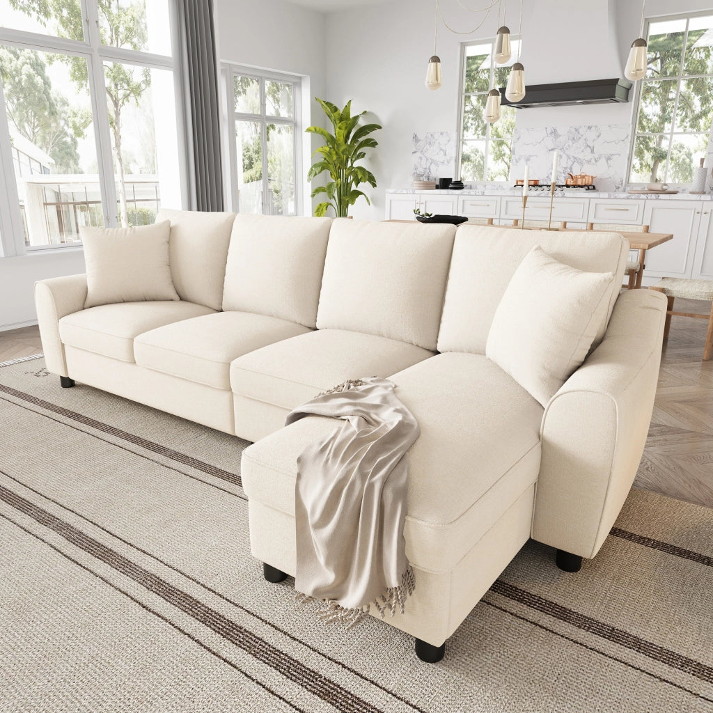 Divano angolare a L con chaise longue e vano contenitore, schienale ribaltabile con portabicchieri, in chenille beige
