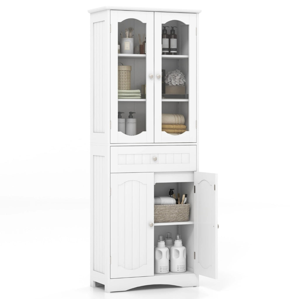 Armadio da bagno alto-Mobiletto da bagno 160cm con 2 porte in vetro 2 ripiani regolabili e 1 cassetto, Mobile autonomo per cucina Bianco