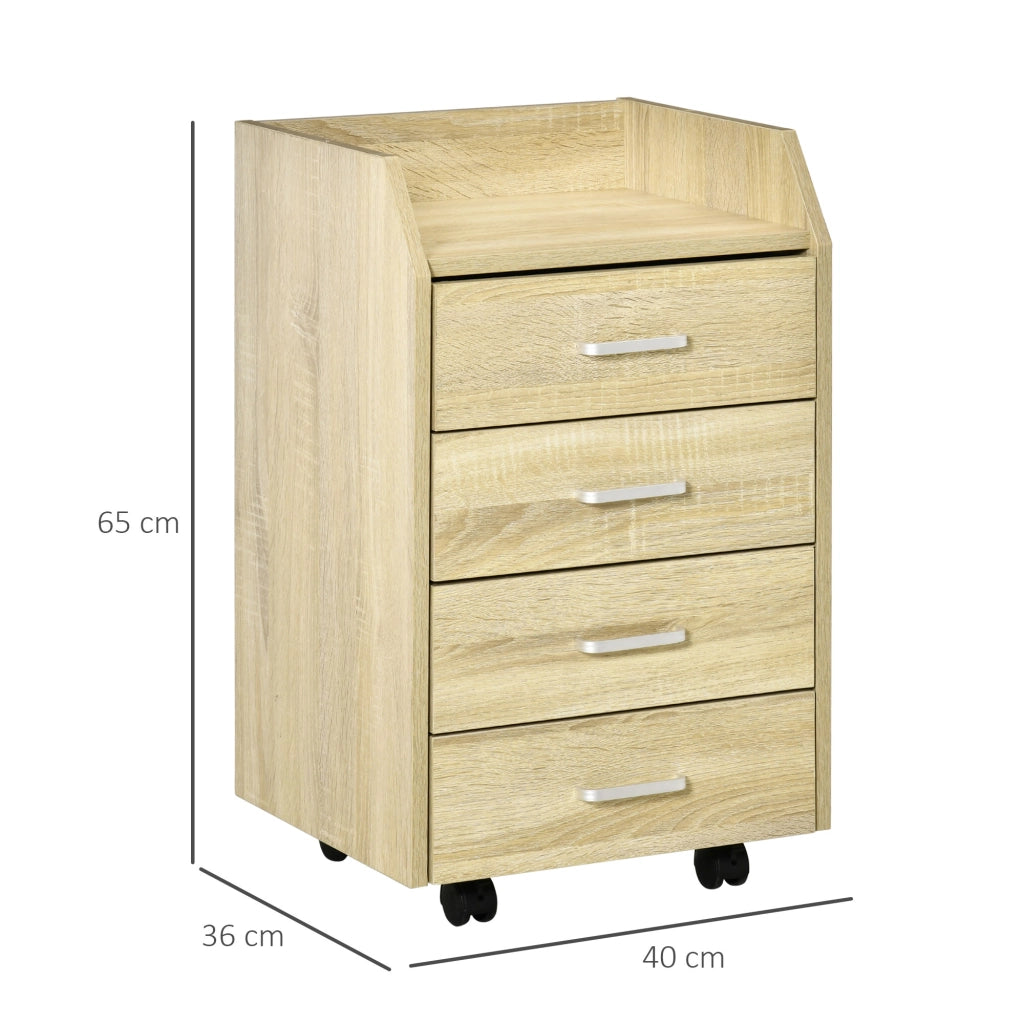 Cassettiera per ufficio con 4 cassetti e ruote ¨C Minimal ¨C Legno naturale 40x36x65 cm