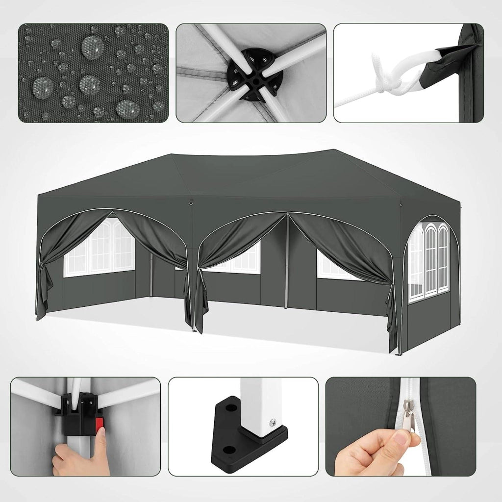 GAZEBO 3x6 m Grigio con 6 pareti laterali, tessuto Oxford 210D