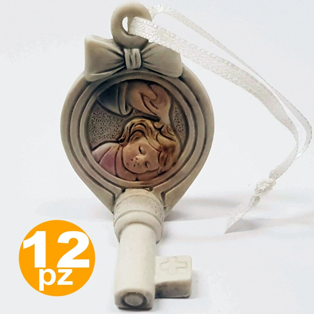 Trade Shop - 12pz Bomboniera Chiave Fiocco Gancio Battesimo Bambina Sacra Simbolo Appendino -