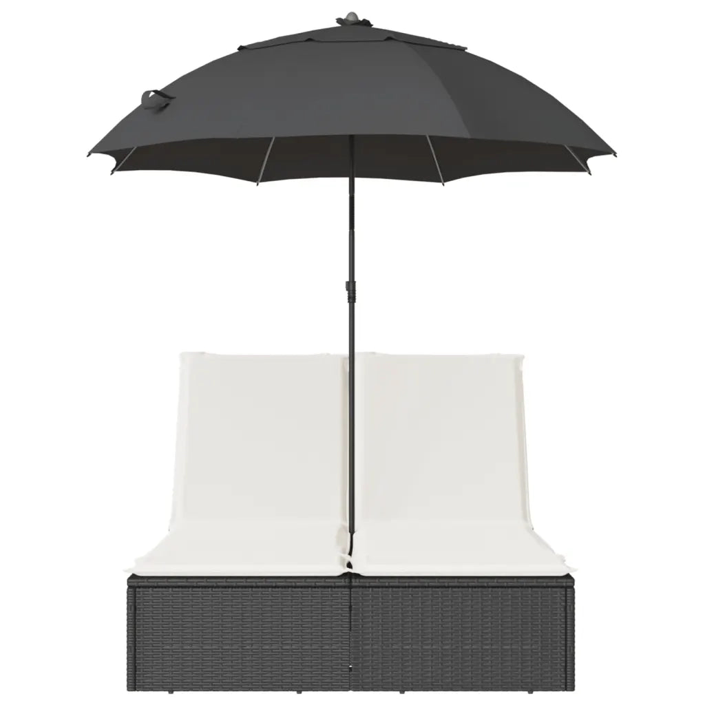 Lettino Prendisole Doppio Cuscini e Parasole Nero in Polyrattan 368081